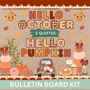 Pode incluir: Um kit de quadro de avisos com o texto HELLO OCTOBER e HELLO PUMPKIN, ilustrado com espantalhos, espigas de milho, abóboras, um caminhão vermelho, uma torta, xícaras de café e uma lanterna sobre um fundo castanho texturizado.