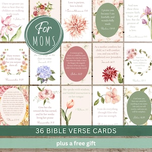 May include: A collection of 36 Bible verse cards for mothers, adorned with floral watercolour designs and inspirational quotes. The cards feature a variety of colours, including pink, green, and white, and include the text "For Mums".