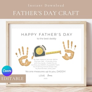Poème modifiable pour la fête des pères avec empreinte de main pour enfant - Ruban à mesurer cadeau pour papa - Outil de bricolage - Modèle de toile imprimable