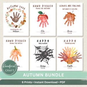 May include: A set of six printable autumn-themed art sheets featuring handprint illustrations. Designs include a wreath with a squirrel, an apple, a leaf, a pumpkin, a spider web, and a turkey, each with space for a name and the year 2026.
