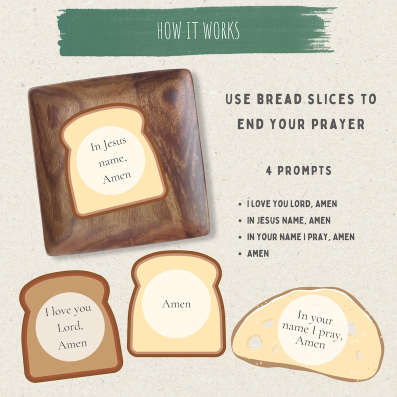 May include: A square wooden tray and three bread-shaped cutouts with text. The tray features a bread-shaped inlay with the text 'In Jesus name, Amen'. The cutouts display the phrases 'I love you Lord, Amen', 'Amen', and 'In your name I pray, Amen'.