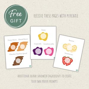 May include: Three white printable pages featuring illustrations of sandwich ingredients. Text includes Peanut Butter, Almond Butter, Chocolate Hazelnut Spread, Honey, Grape Jelly, Strawberry Jelly, Bananas, and Strawberries. Includes Free Gift text.