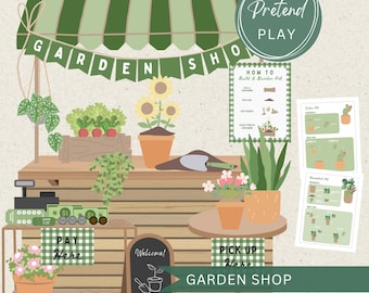 Pode incluir: Uma ilustração colorida de uma loja de jardim de brincar. A loja apresenta um toldo listrado verde e branco, uma caixa registradora e várias plantas e flores. O texto inclui "GARDEN SHOP", "Pretend Play" e "Plus A Free Gift".