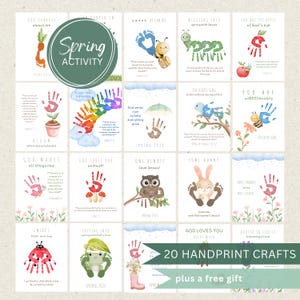 Op de afbeelding: Een verzameling van 20 handafdruk knutselkaarten met lentethema-illustraties. Elke kaart heeft een handafdrukontwerp, samen met tekst en afbeeldingen van wortelen, bijen, konijnen en bloemen. De woorden "Spring Activity" staan in een cirkelvormig ontwerp.