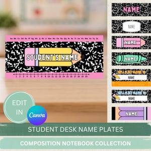 Puede incluir: Un conjunto de etiquetas de escritorio para estudiantes con un patrón de cuaderno de composición en blanco y negro. Los diseños incluyen gráficos de lápices, tiras alfabéticas y líneas numéricas del 1 al 20, con campos de texto personalizables.