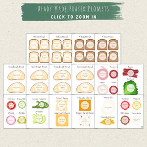 May include: A collection of printable prayer prompt cards featuring illustrations of various food items like bread slices, meats, cheeses, and vegetables. Each food item contains short written prayers or phrases, organized in a grid layout.