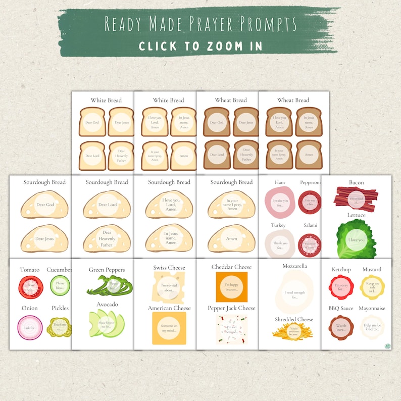 May include: A collection of printable prayer prompt cards featuring illustrations of various food items like bread slices, meats, cheeses, and vegetables. Each food item contains short written prayers or phrases, organized in a grid layout.