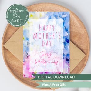 Utskrivbart mors dag-kort till frun från maken - akvarell pastellblommig hortensia tomt gratulationskort direkt digital nedladdning för make/maka