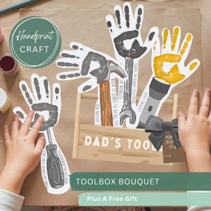 Könnte beinhalten: Ein DIY-Handabdruck-Bastelset mit Papierausstanzungen einer Werkzeugkiste mit der Aufschrift DAD'S TOOLS und verschiedenen Werkzeugen wie Hammer, Schraubenschlüssel, Taschenlampe und Schraubendreher. Jedes Werkzeug ist mit einem Handabdruck versehen.