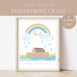 Noah&#39;s Ark Fingerprint Craft-The Flood Handprint Craft-God Keeps His Promises Rainbow-Genesis Bible Verse-Christian Homeschool Preschool