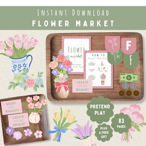 May include: An illustration featuring a flower market theme with various floral arrangements and design elements. The image includes text that reads "Instant Download Flower Market", "Ready Made Bouquets", and "Create Your Own Bouquet". There are also play money and other decorative elements.