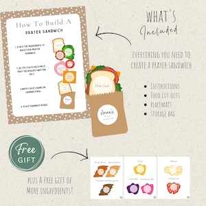 May include: A prayer sandwich activity kit featuring a How To Build A Prayer Sandwich instruction sheet, a brown paper bag labeled Anne's Prayer Sandwich, food cutouts, and a free gift sheet with additional ingredient illustrations like peanut butter, honey, and fruit.