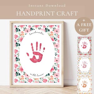 Fait à la main avec amour, empreinte de main pour enfant, impression d'art floral aquarelle florale, PDF-cadeau pour maman, maman, grand-mère, grand-mère, femme-chalet jardin Art imprimable
