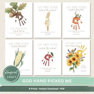 Puede incluir: Seis impresiones rectangulares blancas con ilustraciones en acuarela de una bellota, trigo, calabaza, maíz, manzana y girasoles. Cada impresión incluye un gráfico de huella de mano, el texto God Hand Picked Me y el versículo bíblico Isaiah 43:1.
