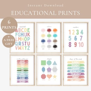 Pastel Educational Wall Art Prints-Alphabet, Shapes, Colors, Months, Days Busy Binder Printables-Colorful Rainbow Learning Posters For Kids