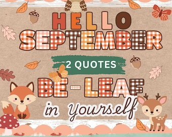 Sept Bulletin Board Kit Printable-Hello September, Be Leaf In Yourself Quotes-Rustic Fall Farmhouse Gingham-Retro Autumn Door Display Prints