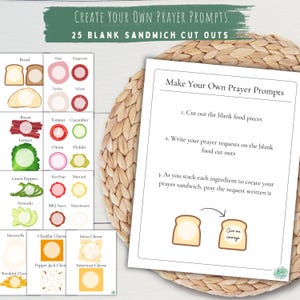 May include: A printable activity sheet titled Create Your Own Prayer Prompts featuring 25 blank sandwich cut outs. The sheet includes illustrations of various sandwich ingredients like bread, ham, pepperoni, bacon, tomato, lettuce, and cheese.