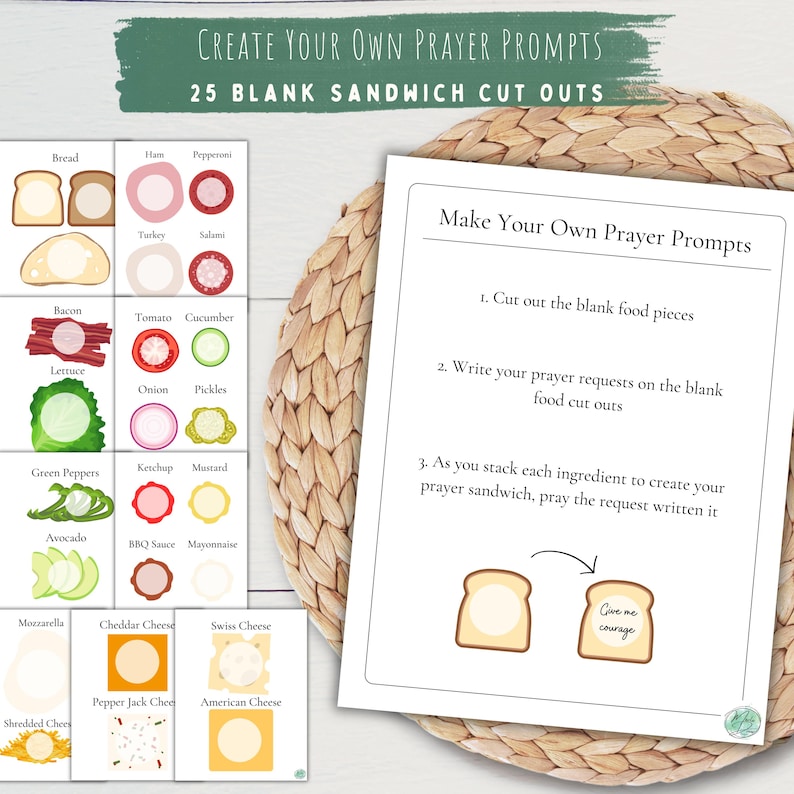 May include: A printable activity sheet titled Create Your Own Prayer Prompts featuring 25 blank sandwich cut outs. The sheet includes illustrations of various sandwich ingredients like bread, ham, pepperoni, bacon, tomato, lettuce, and cheese.