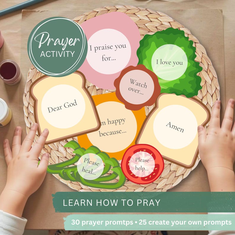 May include: A prayer activity set featuring paper cutouts shaped like sandwich ingredients, including bread slices labeled Dear God and Amen, lettuce, tomato, and cheese. Text includes Prayer Activity, I praise you for, I love you, Watch over, I am happy because, Please heal, Please help, and Learn how to pray.