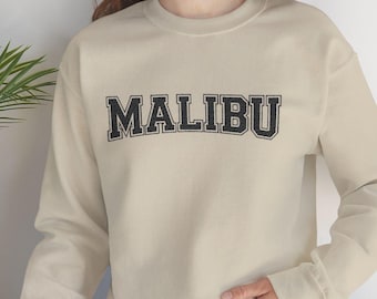 MALIBU Embroidered Sweatshirt - California Crewneck Pullover Full Chest Black Thread Embroidery