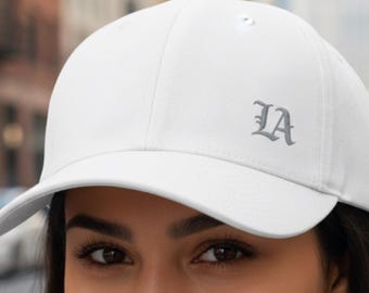 LA Embroidered Logo FlexFit Baseball Hap - Off Center Small Gray Embroidery Minimalist Design