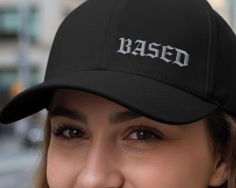 BASED Embroidered Baseball Hat - FlexFit Closed Back Custom Text Unisex Dad Cap