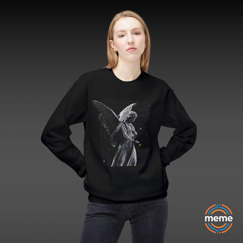 Guardian Angel Sweatshirt Soft Style Crewneck Pullover Color Black Worn on Woman Memeorable Apparel Los Angeles