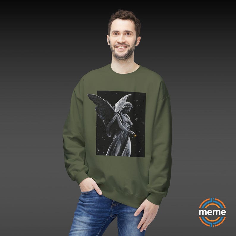 Guardian Angel Sweatshirt Soft Style Crewneck Pullover Color Green Worn on Man Memeorable Apparel Los Angeles