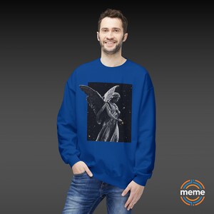 Guardian Angel Sweatshirt Soft Style Crewneck Pullover Color Blue Worn on Man Memeorable Apparel Los Angeles