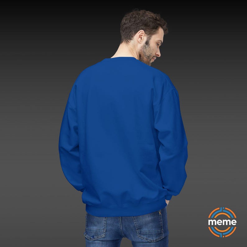 Guardian Angel Sweatshirt Soft Style Crewneck Pullover Color Blue Worn on Man Rear View Memeorable Apparel Los Angeles