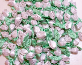 10 x Small Satin Ribbon Roses white