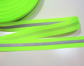 Neon Yellow Green Ribbon, Yellow Gray Stripe Grosgrain Ribbon 7/8 inch wide x 5 yards, Offray Reflector Ribbon, 1102