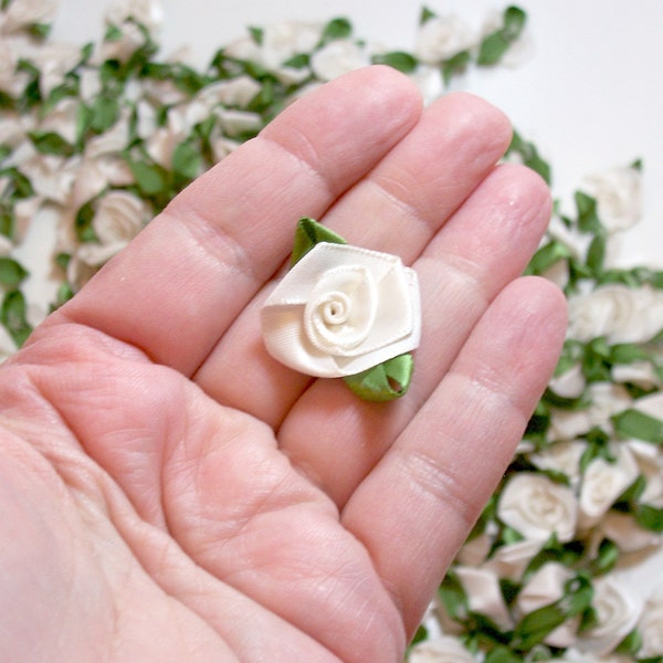 Ivory Roses, Ivory Flower Appliques, Offray Flat Ribbon Rose Satin Flowers X 100 pieces, Ivory and Moss Green, 045