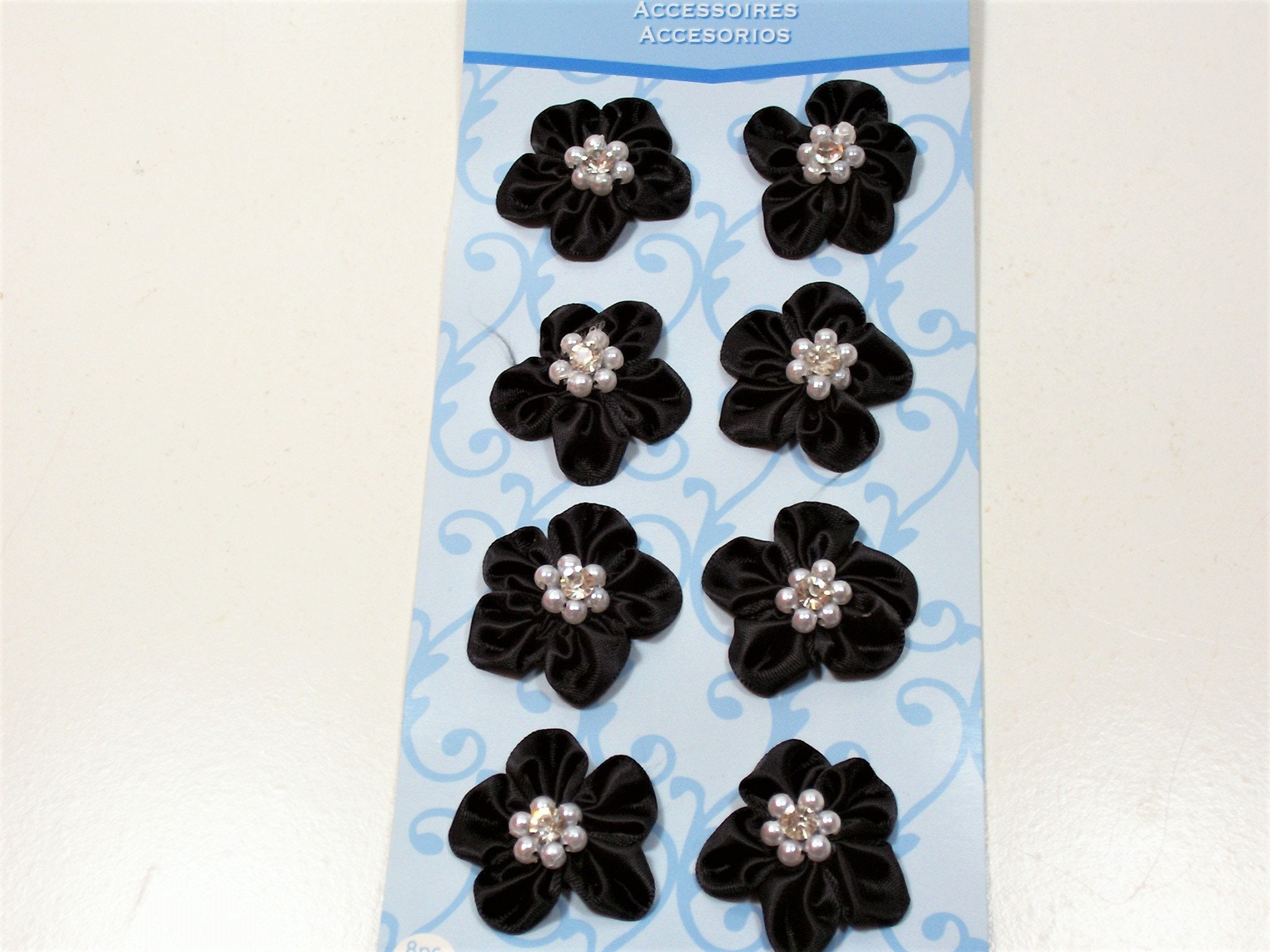 Black Flower Appliques, Offray Ribbon Rose Satin Flowers X 8 Pieces ...
