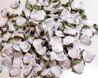 White Roses, White Flower Appliques, Offray Flat Rosebud Ribbon Rose Satin Flowers X 20 pieces, White and Willow Green, 542