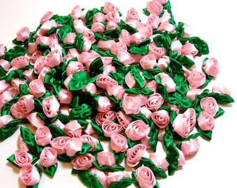 Pink Roses, Pink Rose Flower Appliques, Offray Rolled Ribbon Rose Satin Flowers X 20 pieces, Light Pink and Emerald, 935