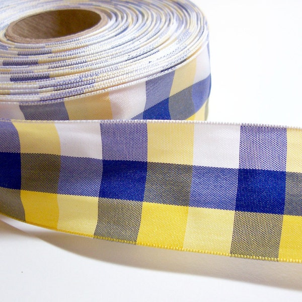 Blue and Yellow Plaid Wired Ribbon 1 1/2 inches wide x 2 yards precut/ Craft Supplies/ Sewing Trim