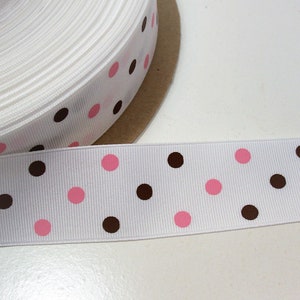 Weiss mit Braun und Rosa Tupfen Ripsband 1 1/2 Zoll breit x 10 Meter, Aspirin Dot, Bin 52