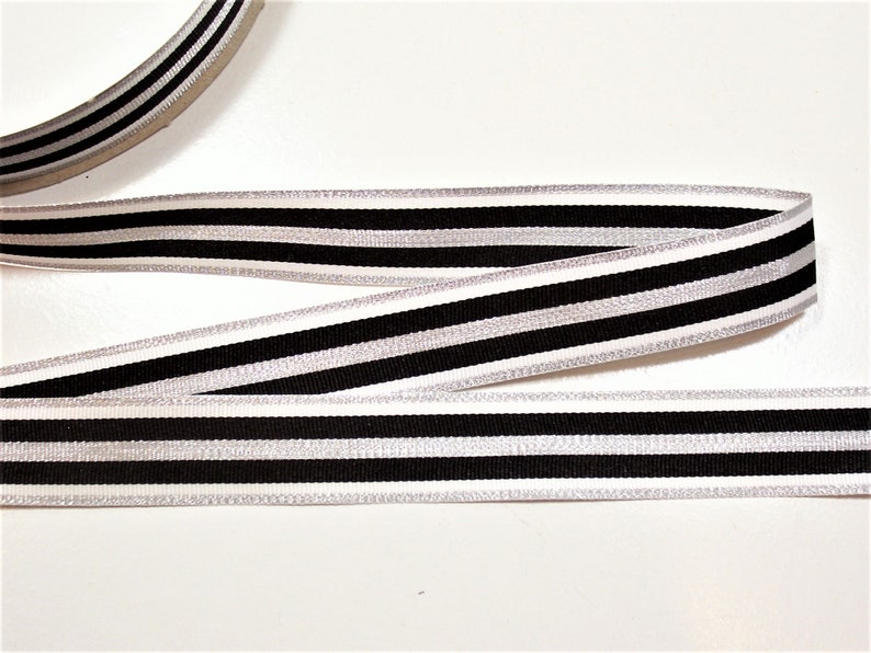 Striped Ribbon Schiff Ribbon Black White and Metallic Silver Stripe Grosgrain Ribbon 78 inches wide x 10 yards
