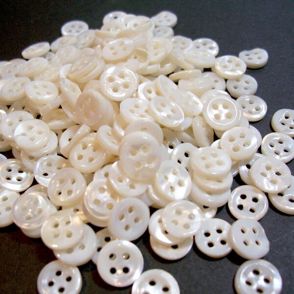 Vintage Mother of Pearl Shell Buttons x 65 pieces 3/8 inch diameter, Tiny Mother of Pearl Buttons