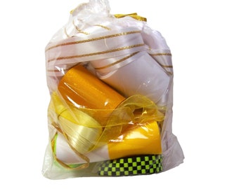 Yellow Ribbon, Bag of Assorted Yellow and White Ribbon and Trim Scraps x 1 Pound, Ribbon Grab Bag, Ribbon Lot, 622