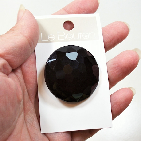 Black Button, Large Black Domed Button x 1 Piece, Le Bouton Button, 1 1/2 inch diameter, Faceted, 145