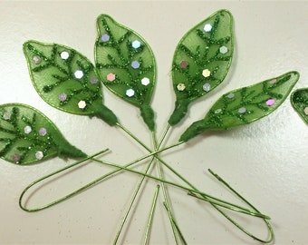 Green Leaf Picks, Offray Sheer Leaves X 10 pieces, Moss Green Leaves, Florist Picks, Glitter, 048