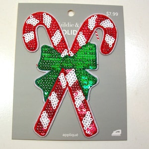 Christmas Crossed Candy Canes Sequin Iron on Patch, Christmas Applique, Hildie & Jo Brand, Bin 13