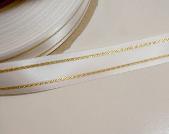 White Ribbon, Offray double-faced White satin ribbon 7/8 inch x 5 yards, Metallic Gold Stripe, 816