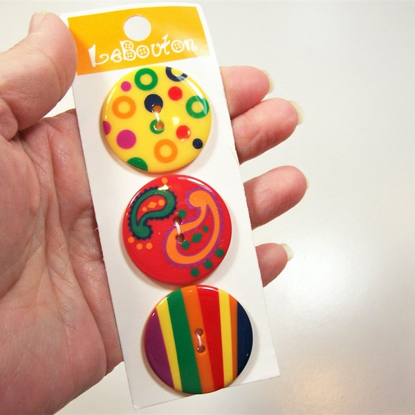 Festive Colorful Buttons, Bright Buttons x 3 Pieces, Plastic Button, 2 hole Button, 1 3/8 inch diameter, Le Bouton
