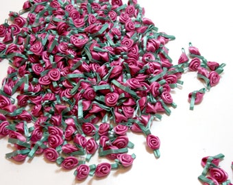 Pink Roses, Antique Rose Pink Flower Appliques, Offray Small Ribbon Rose Satin Flowers X 100 pieces, Antique Rose and Sea Green, 075