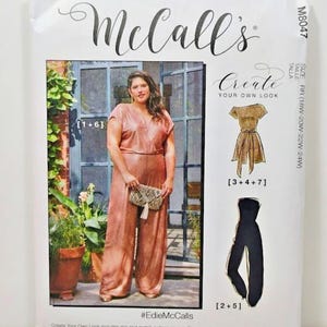 May include: A McCall's M8047 sewing pattern envelope featuring a rose gold jumpsuit with wide legs and a V-neckline. The package displays size RR (18W-24W), illustrations of a gold top and black jumpsuit, and the text Create Your Own Look #EdieMcCalls.