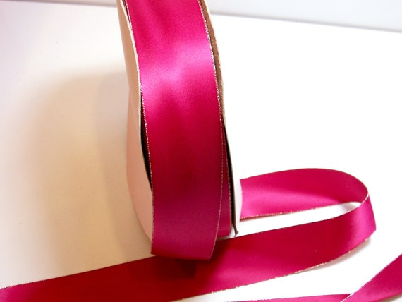 Pink Ribbon, Double-faced Fuchsia Pink Gold Edge Satin Ribbon 1 1