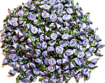 Blue Roses, Blue Flower Appliques, Offray Small Ribbon Rose Satin Flowers X 100 pieces, Wisteria and Moss, 079